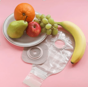 A fruit bowl and a stoma bag.