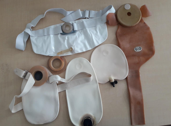 The history of stomas - old rubber stoma appliances with straps.