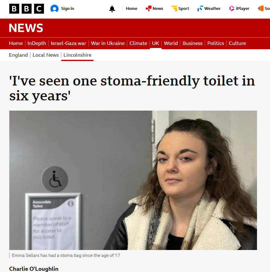 A BBC headline reads 'I've seen one stoma-friendly toilet in six years'